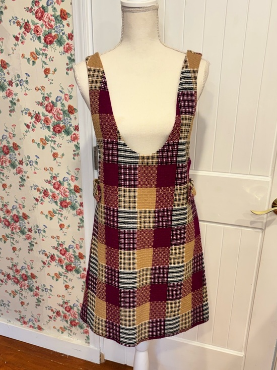 Dresses & Skirts - Vintage Plaid Pinafore Dress in Burgundy and Mustard Mini Size M